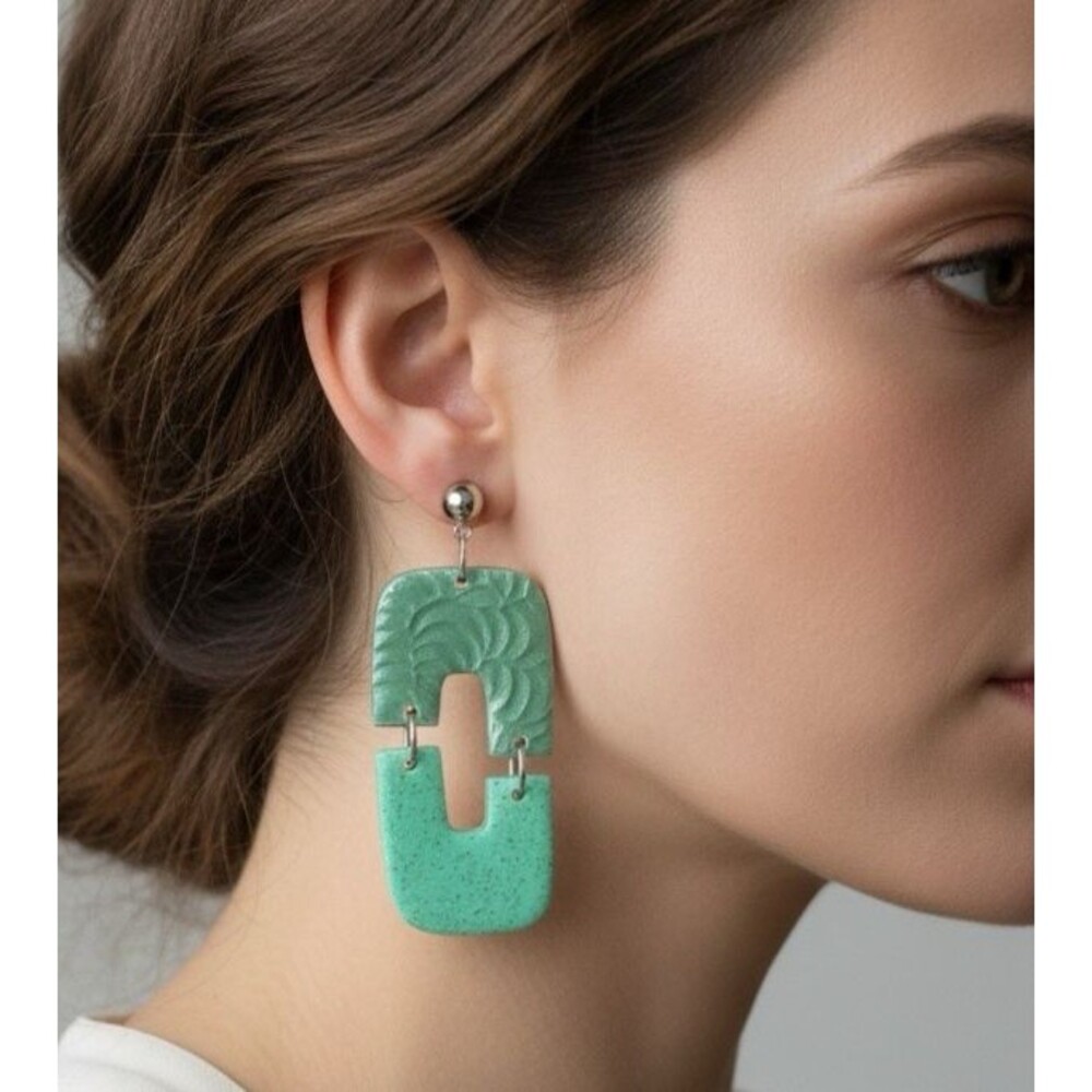 Green Floral Textured Handmade Dangle Polymer Clay Earrings w Stainless Steel